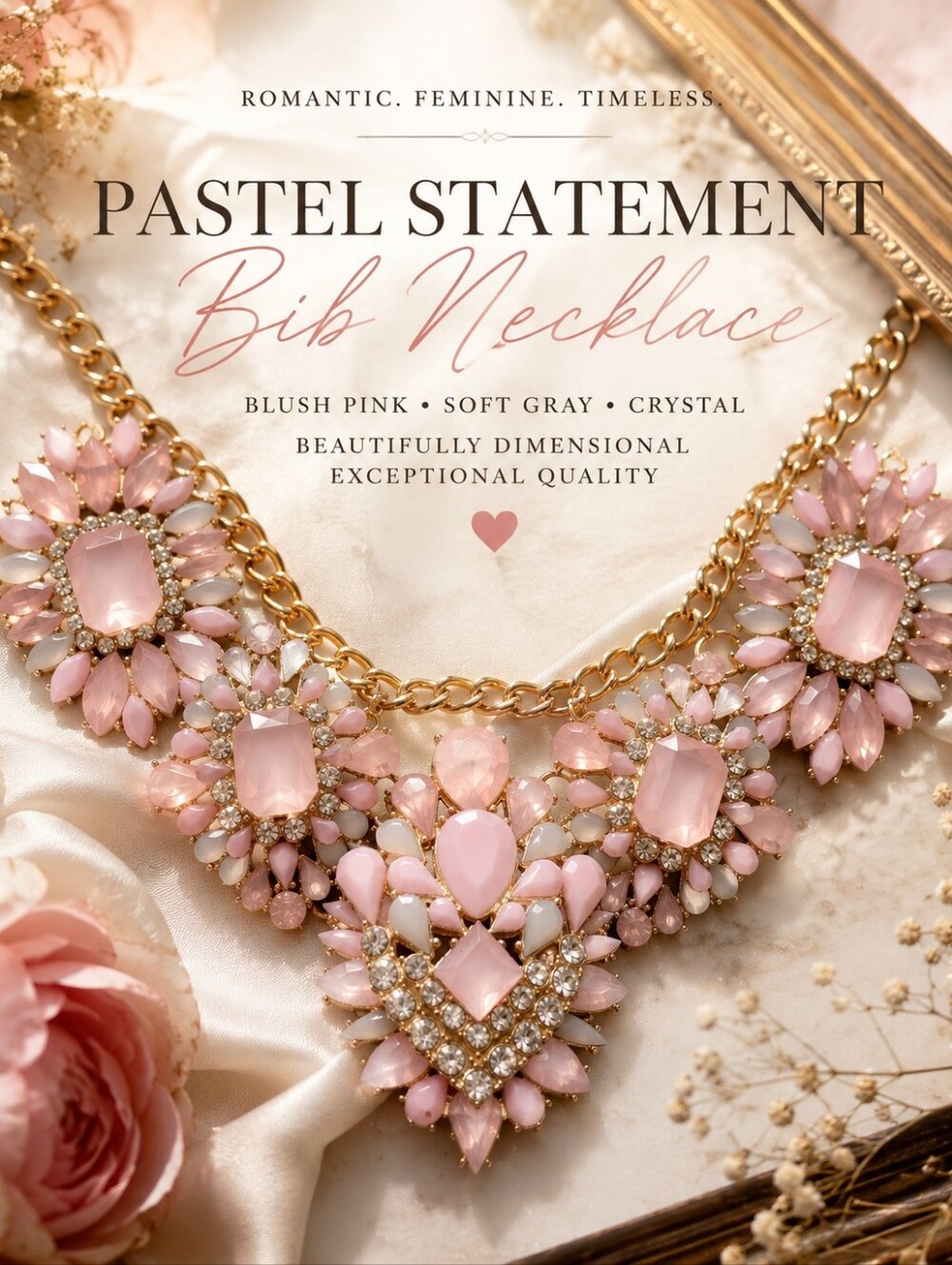 Pastel Rhinestone Statement Bib Necklace Romantic Coquette Glam Gold Feminine
